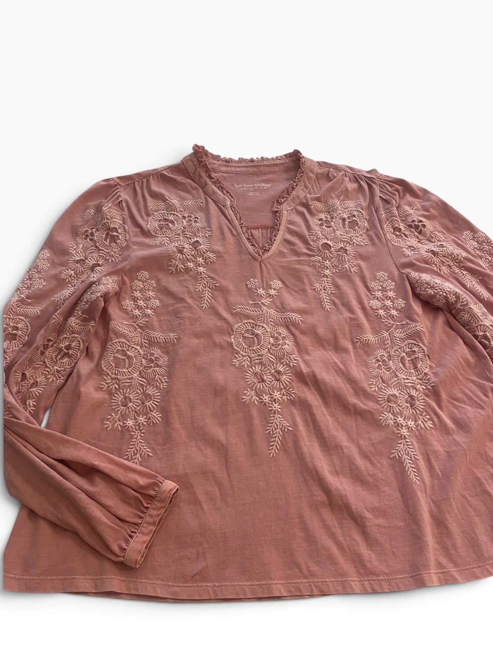 Soft Surroundings Women’s Embroidered Long Sleeve Top Pink Dusty Rose
